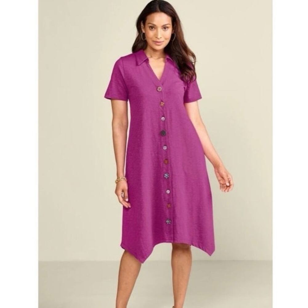 SOFT SURROUNDINGS Women's L Danielle Cotton Shift Sun Dress Artsy Buttons Purple
